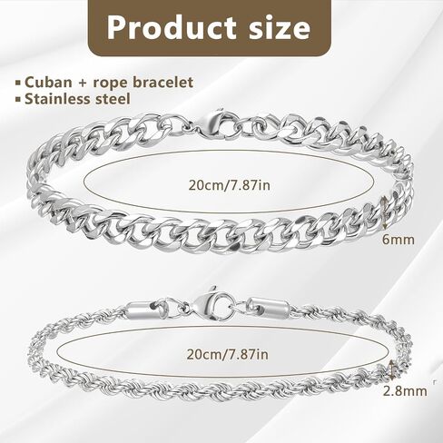 سوار سلسلة للرجال 2 PCS الفضة مطلية فيجارو حبل سوار كوبي رابط سوار مجموعة الأساور الفولاذ المقاوم للصدأ الأساور المعدنية مقاوم للماء المجوهرات للرجال أبي زوج صديقها in Kuwait