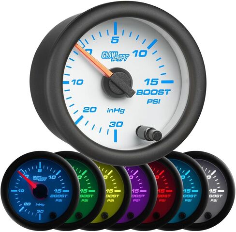 GlowShift White 7 Color 15 Psi Turbo Boost/Vacuum Cauge Kit - يشمل خرطوم ميكانيكي و T- الاتصال - عدسة واضحة - للسيارات - 2-1/16 "52 ملم in Saudi Arabia