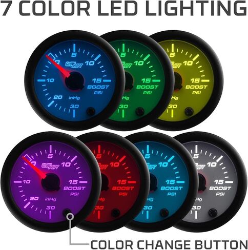 GlowShift White 7 Color 15 Psi Turbo Boost/Vacuum Cauge Kit - يشمل خرطوم ميكانيكي و T- الاتصال - عدسة واضحة - للسيارات - 2-1/16 "52 ملم in Saudi Arabia