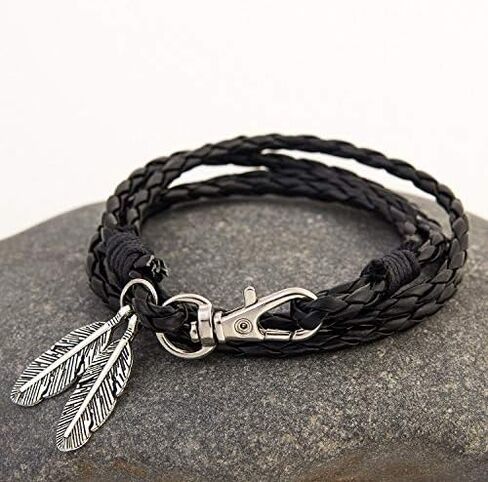Vintage Feather Charms Leather Braided Bracelet Multi-Layer Punk Style Wrap Bracelet for Men Women in Saudi Arabia
