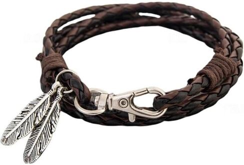 Vintage Feather Charms Leather Braided Bracelet Multi-Layer Punk Style Wrap Bracelet for Men Women in Saudi Arabia