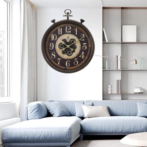 24 "ساعة حائط صناعية كبيرة مع تروس متحركة ، تصميم بطارية Steampunk يعمل على تصميم مراقبة الجيب الضخم ، ديكور مزرعة ريفي لغرفة المعيشة ، المكتب ، البار ، البرونز البني in Kuwait