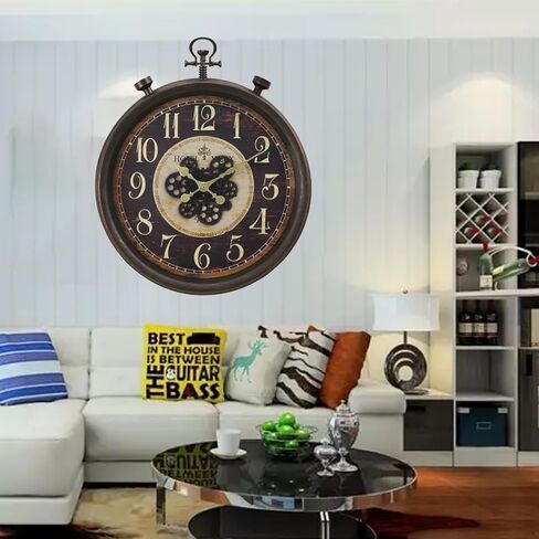 24 "ساعة حائط صناعية كبيرة مع تروس متحركة ، تصميم بطارية Steampunk يعمل على تصميم مراقبة الجيب الضخم ، ديكور مزرعة ريفي لغرفة المعيشة ، المكتب ، البار ، البرونز البني in Kuwait