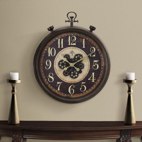 24 "ساعة حائط صناعية كبيرة مع تروس متحركة ، تصميم بطارية Steampunk يعمل على تصميم مراقبة الجيب الضخم ، ديكور مزرعة ريفي لغرفة المعيشة ، المكتب ، البار ، البرونز البني in Kuwait