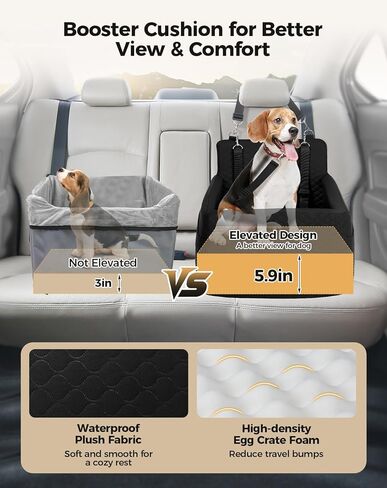 Dog Car Seat for Large Medium Dogs, Pet Car Seat Under 55 lbs or 2 Puppies, Removable Washable Pets Travel Booster Bed for Automotive Backseat with Comfy Thick Cushion, 2 Safety Leashes(Black/Gray) in Kuwait