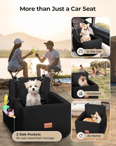 Dog Car Seat for Large Medium Dogs, Pet Car Seat Under 55 lbs or 2 Puppies, Removable Washable Pets Travel Booster Bed for Automotive Backseat with Comfy Thick Cushion, 2 Safety Leashes(Black/Gray) in Kuwait