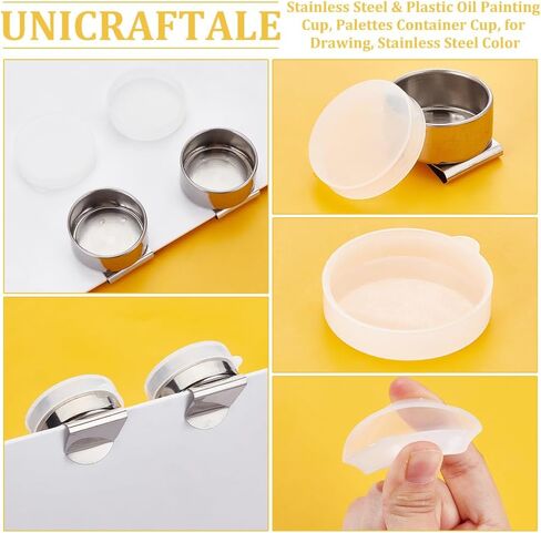 UNICRAFTALE 2pcs Stainless Steel Oil Painting Cups Single Palettes Container Cups Metal Dipper Painting Pot Container with Lid and Clip Large Mouth Dipper Pallete Cups for Drawing 53.5x43mm in Kuwait