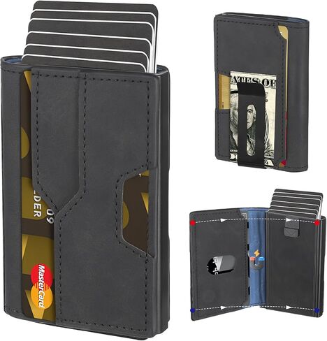 محفظة رفيعة للرجال ， مع التدريع RFID ، تحمل 9 بطاقات بسهولة ، محفظة معدنية ， محفظة بطاقة للرجال ، محفظة الحد الأدنى للرجال ، المصنوعة من الألومنيوم والجلد الاصطناعي ، تشمل مقطع نقدي (أسود) in Kuwait