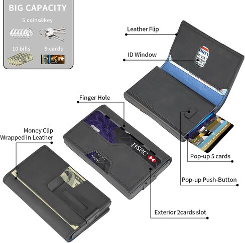 محفظة رفيعة للرجال ， مع التدريع RFID ، تحمل 9 بطاقات بسهولة ، محفظة معدنية ， محفظة بطاقة للرجال ، محفظة الحد الأدنى للرجال ، المصنوعة من الألومنيوم والجلد الاصطناعي ، تشمل مقطع نقدي (أسود) in Kuwait