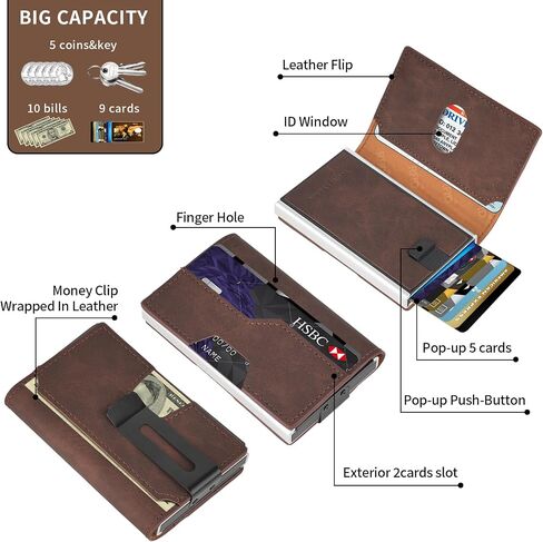 محفظة رفيعة للرجال ， مع التدريع RFID ، تحمل 9 بطاقات بسهولة ، محفظة معدنية ， محفظة بطاقة للرجال ، محفظة الحد الأدنى للرجال ، المصنوعة من الألومنيوم والجلد الاصطناعي ، تشمل مقطع نقدي (أسود) in Kuwait