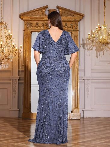 Plus Size Womens Formal Evening Gowns Short Sleeves Glitter Evening Dress Mermaid Wedding Guest Dresses in Kuwait