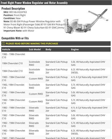 Front Right Passenger Side Power Window Regulator with Motor - Compatible with 1982-1986 Chevy C10 Standard Cab Pickup 2-Door in Saudi Arabia