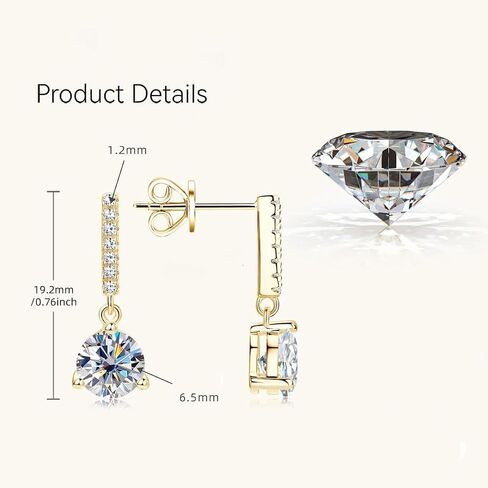 14K Gold 1 Carat Diamond Drop Earrings for Women, VVS1 Clarity Round Cut Three Prongs Dangle Earrings, Exclusive Ear Accessories in Saudi Arabia