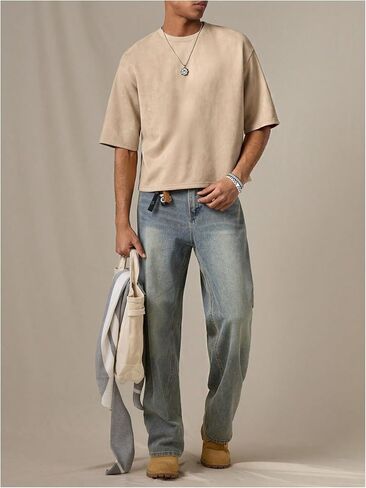 GORGLITTER Men's Number Graphic Crop Tees Y2k Short Sleeve Crewneck Faux Suede Streetwear Cropped Shirts in Saudi Arabia