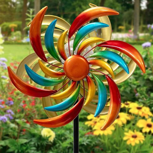 360 ° Solar Wind Spinner with Lights عباد الشمس الحديقة في الهواء الطلق ديكور الفناء الفني في الحديقة الفناء لفناء طواحين الهواء الحركية هدايا فريدة من نوعها للأصدقاء والعائلة 60.63 'H x 13.38' in Kuwait