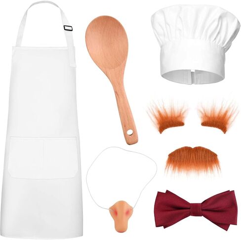 6 Pcs Halloween Chef Costume Include Chef Hat White Apron Red Purple Bow Tie Fake Nose Self Adhesive Beard and Eyebrows Wooden Spoon Swedish Costume for Adult Baker Cosplay Party in Saudi Arabia