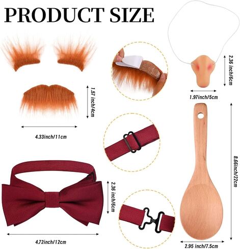 6 Pcs Halloween Chef Costume Include Chef Hat White Apron Red Purple Bow Tie Fake Nose Self Adhesive Beard and Eyebrows Wooden Spoon Swedish Costume for Adult Baker Cosplay Party in Saudi Arabia