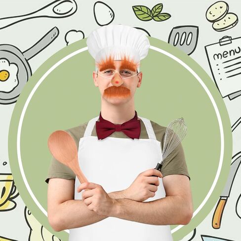 6 Pcs Halloween Chef Costume Include Chef Hat White Apron Red Purple Bow Tie Fake Nose Self Adhesive Beard and Eyebrows Wooden Spoon Swedish Costume for Adult Baker Cosplay Party in Saudi Arabia