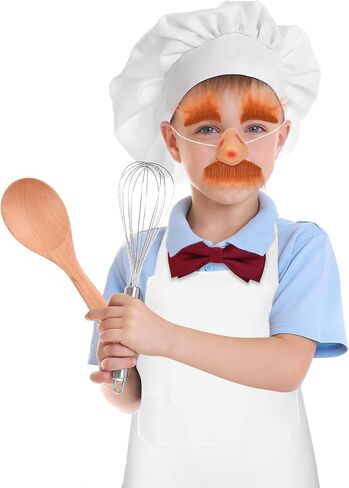 6 Pcs Halloween Chef Costume Include Chef Hat White Apron Red Purple Bow Tie Fake Nose Self Adhesive Beard and Eyebrows Wooden Spoon Swedish Costume for Adult Baker Cosplay Party in Saudi Arabia