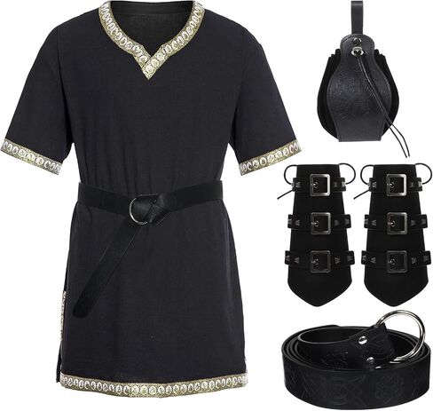 5Pcs Mens Medieval Costume Halloween Renaissance Tunic Viking Knight Shirts Warrior Cosplay Costume with Belt Arm Guards in Saudi Arabia