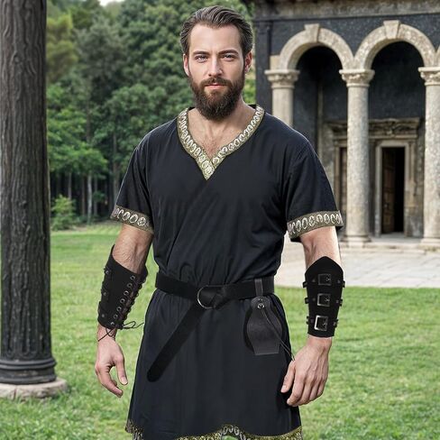 5Pcs Mens Medieval Costume Halloween Renaissance Tunic Viking Knight Shirts Warrior Cosplay Costume with Belt Arm Guards in Saudi Arabia