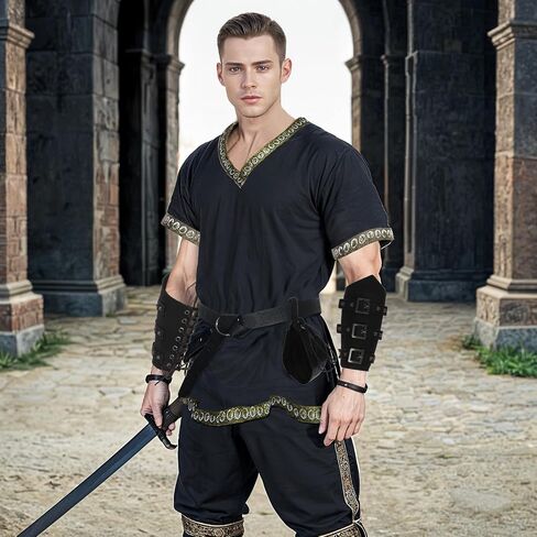5Pcs Mens Medieval Costume Halloween Renaissance Tunic Viking Knight Shirts Warrior Cosplay Costume with Belt Arm Guards in Saudi Arabia