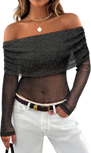 Women Sparkly Off The Shoulder Sheer Mesh Tops Glitter See Through Long Sleeve Foldover Top Party Concert Outfits in Kuwait