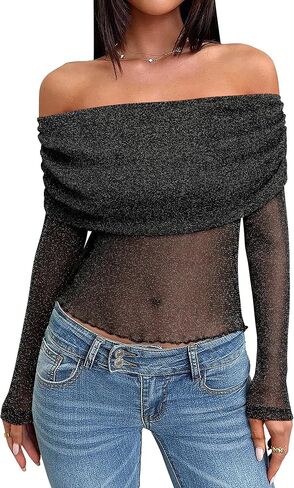 Women Sparkly Off The Shoulder Sheer Mesh Tops Glitter See Through Long Sleeve Foldover Top Party Concert Outfits in Kuwait