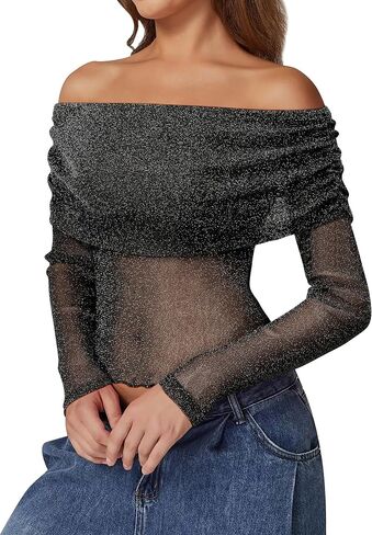 Women Sparkly Off The Shoulder Sheer Mesh Tops Glitter See Through Long Sleeve Foldover Top Party Concert Outfits in Kuwait