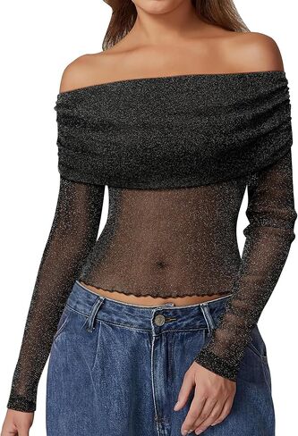 Women Sparkly Off The Shoulder Sheer Mesh Tops Glitter See Through Long Sleeve Foldover Top Party Concert Outfits in Kuwait