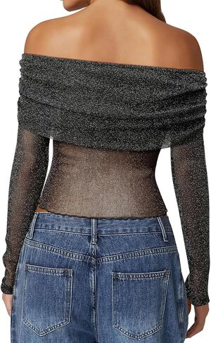 Women Sparkly Off The Shoulder Sheer Mesh Tops Glitter See Through Long Sleeve Foldover Top Party Concert Outfits in Kuwait
