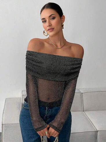 Women Sparkly Off The Shoulder Sheer Mesh Tops Glitter See Through Long Sleeve Foldover Top Party Concert Outfits in Kuwait