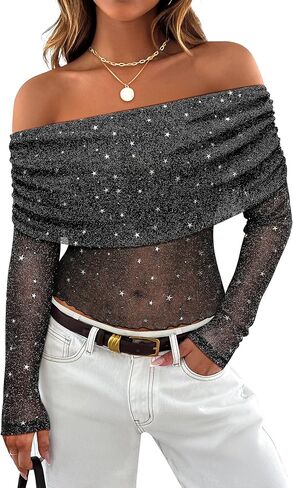 Women Sparkly Off The Shoulder Sheer Mesh Tops Glitter See Through Long Sleeve Foldover Top Party Concert Outfits in Kuwait