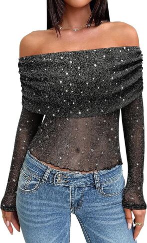 Women Sparkly Off The Shoulder Sheer Mesh Tops Glitter See Through Long Sleeve Foldover Top Party Concert Outfits in Kuwait