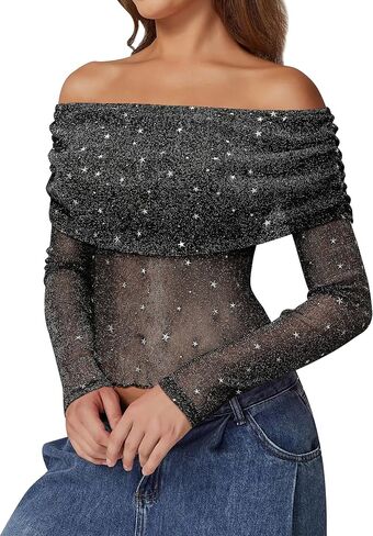 Women Sparkly Off The Shoulder Sheer Mesh Tops Glitter See Through Long Sleeve Foldover Top Party Concert Outfits in Kuwait