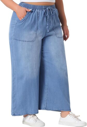 Agnes Orinda Plus Size Women's Wide Leg Jeans Chambray Elastic Waist Baggy Loose Fit Denim Pants with Pockets in Saudi Arabia