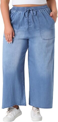 Agnes Orinda Plus Size Women's Wide Leg Jeans Chambray Elastic Waist Baggy Loose Fit Denim Pants with Pockets in Saudi Arabia