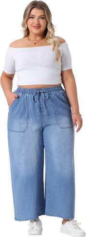 Agnes Orinda Plus Size Women's Wide Leg Jeans Chambray Elastic Waist Baggy Loose Fit Denim Pants with Pockets in Saudi Arabia