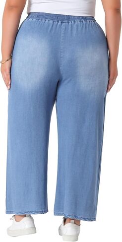 Agnes Orinda Plus Size Women's Wide Leg Jeans Chambray Elastic Waist Baggy Loose Fit Denim Pants with Pockets in Saudi Arabia