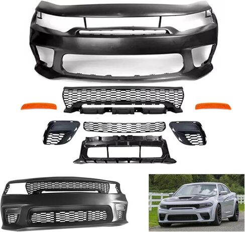 Widebody Style Front Bumper Cover Kit Compatible with 2015-2023 Dodge Charger W/Upper Grille Lower Grill & Side Mark Lights - Full Body Set in Saudi Arabia