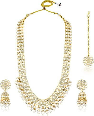 Aheli Kundan & Beads مرصعة خضراء طويلة القلادة Jhumki أقراط Maangtikka مجموعة مجوهرات عرقية للنساء in Saudi Arabia