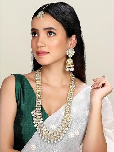 Aheli Kundan & Beads مرصعة خضراء طويلة القلادة Jhumki أقراط Maangtikka مجموعة مجوهرات عرقية للنساء in Saudi Arabia