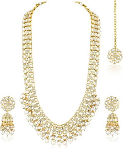 Aheli Kundan & Beads مرصعة خضراء طويلة القلادة Jhumki أقراط Maangtikka مجموعة مجوهرات عرقية للنساء in Saudi Arabia