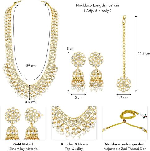 Aheli Kundan & Beads مرصعة خضراء طويلة القلادة Jhumki أقراط Maangtikka مجموعة مجوهرات عرقية للنساء in Saudi Arabia