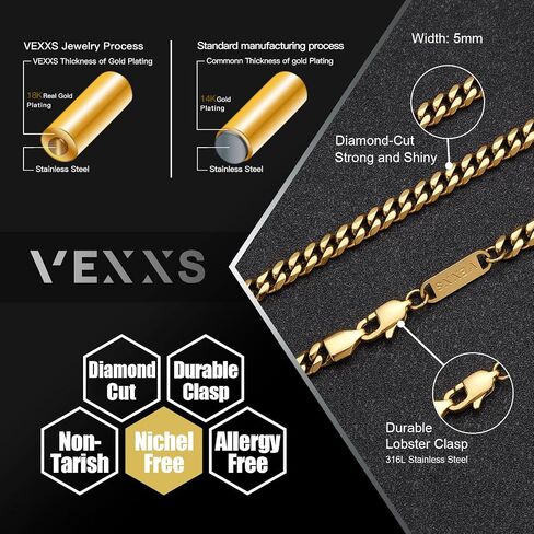 Cut Diamond السلسلة الذهبية للرجال Vexxs ، سلسلة روابط كوبية مملوءة بالذهب ، 18 ألفًا ، وقلادة متينة لا تتلاشى كبح 5 ملم للرجال والنساء in Kuwait