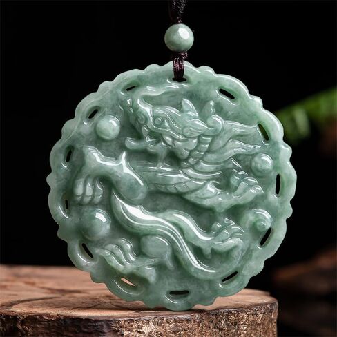 الدرجة A Natural Jadeite Dragon و Phoenix Zodiac Pendant Necklace و Ice Pattern Harmony & Propperity ، هدية مثالية للعام التنين ، المجوهرات الميمونة والمتناغم in Saudi Arabia