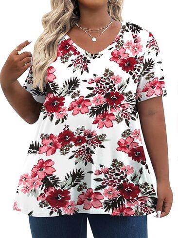 Tisede Womens Plus Size Tops Short Sleeve Tunic Turts v Neck Summer Floral Fit Fit Blouse XL-5X in Kuwait