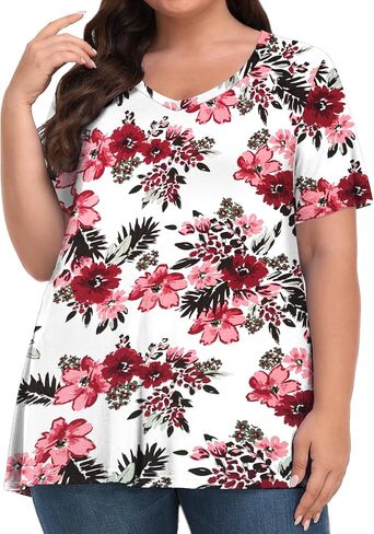 Tisede Womens Plus Size Tops Short Sleeve Tunic Turts v Neck Summer Floral Fit Fit Blouse XL-5X in Kuwait