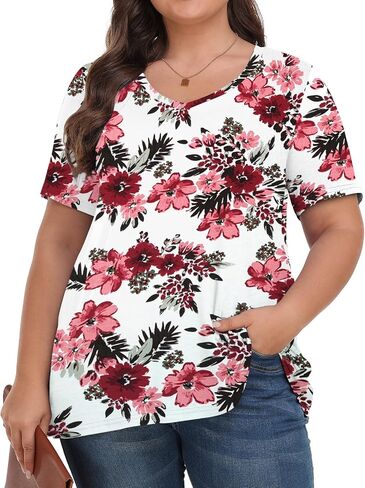 Tisede Womens Plus Size Tops Short Sleeve Tunic Turts v Neck Summer Floral Fit Fit Blouse XL-5X in Kuwait