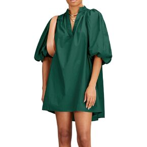 Women Babydoll Mini Dress Summer Casual Cotton V Neck Puff Lantern Sleeve Loose A Line Cute Dress in Saudi Arabia